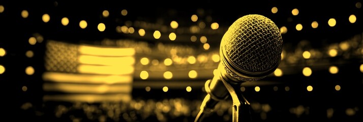 Microphone positioned in front of an audience during a patriotic event featuring the American flag in the background