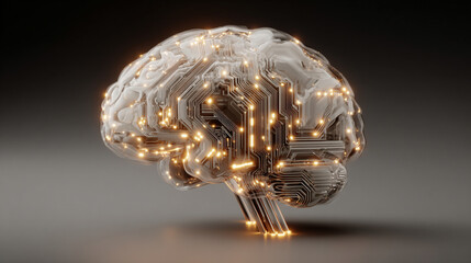 Futuristic electronic brain with glowing circuits symbolizes artificial intelligence, innovation, and the fusion of human cognition with digital technology on a transparent background.