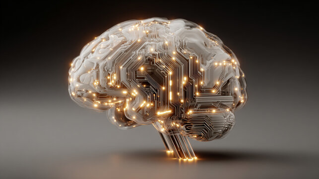 Futuristic electronic brain with glowing circuits symbolizes artificial intelligence, innovation, and the fusion of human cognition with digital technology on a transparent background. - Powered by Adobe