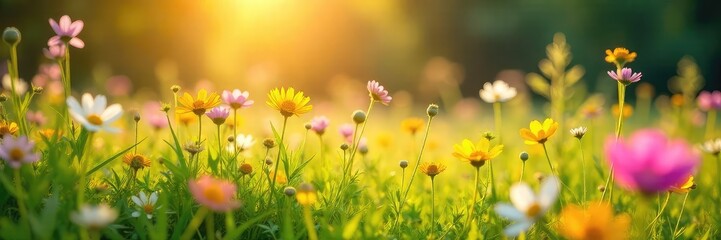 Fototapeta premium Sunlight streams through wildflowers in a vibrant meadow, illuminating golden hues of grasses and blossoms A peaceful, idyllic scene perfect for nature-themed projects , bright, sunny