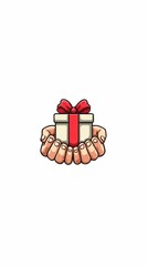Creative illustration of hands presenting a gift box with a ribbon on a plain background