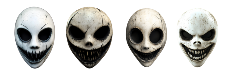 Terrifying horror masks with cracked textures and empty black eyes evoke fear and mystery for spooky designs
