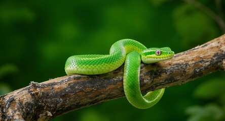 Obraz premium Vibrant Green Serpent Coiled on Branch, Reptile Nature Detail
