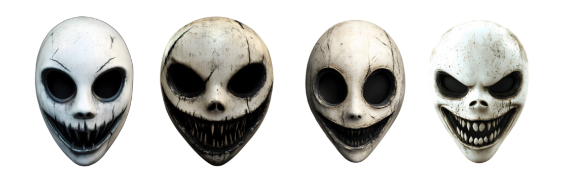 Terrifying horror masks with cracked textures and empty black eyes evoke fear and mystery for spooky designs