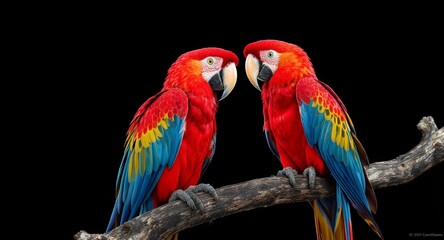 Vibrant Scarlet Macaws Perched on a Branch, Tropical Bird Portrait