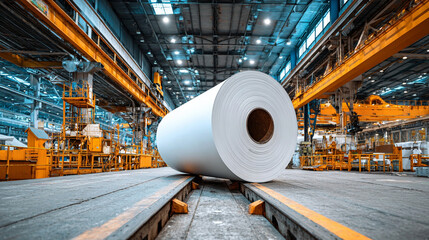 Large roll of white, gold, and silver steel sheet in an aluminum factory, symbolizing industrial strength, precision manufacturing, modern infrastructure, and technological progress.