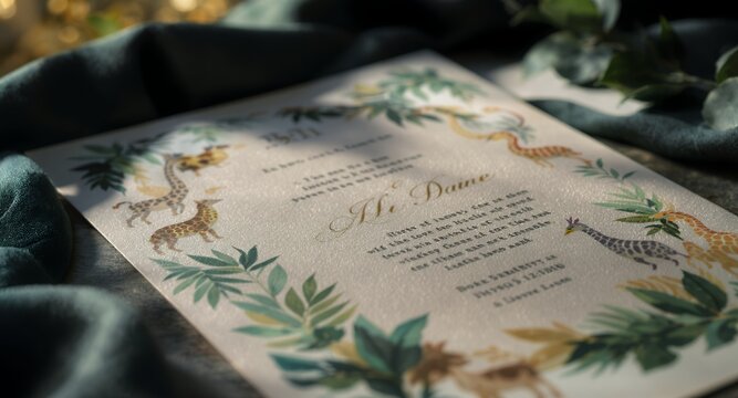 Whimsical Giraffe Border Invitation Design with Jungle Foliage