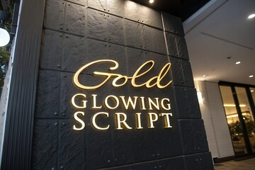 Illuminated gold sign with the words gold glowing script on a dark wall