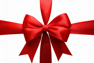 Red gift ribbon with a bow tied in the center, horizontal layout. Isolated on transparent background