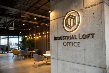 Industrial loft office interior with logo on the wall and modern design