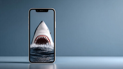 A sleek white smartphone with a shark fin emerging from the top symbolizing the hidden dangers of digital scams and phishing representing cybersecurity risk awareness and online threat concepts