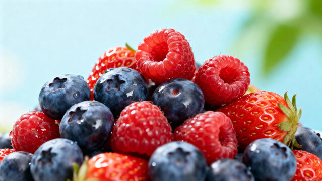 A close-up of fresh mixed berries including strawberries, raspberries, and blueberries.