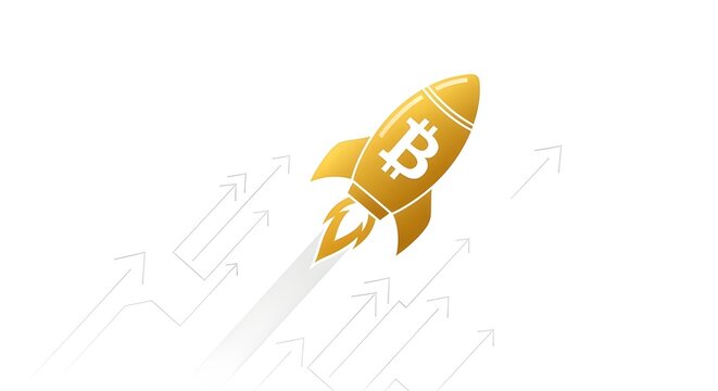 Bitcoin rocket soaring upwards represents cryptocurrency growth and investment