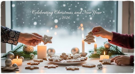 People decorating gingerbread cookies on white table with candles and snow falling outside window during christmas season, creating cozy and festive atmosphere.