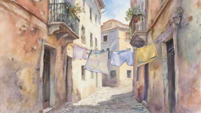 An Italian alleyway with drying clothes and flowers in pots