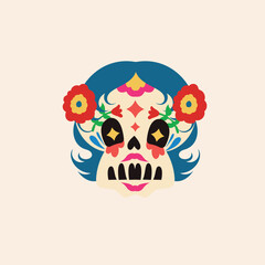 Day of the Dead Skull with Flowers for a Festive Halloween Celebration and Sugar Skull Icon
