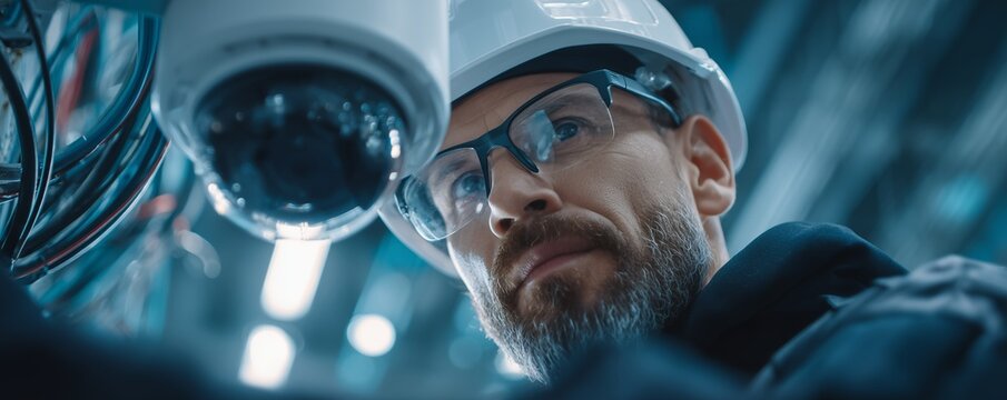 Focused technician inspecting CCTV dome camera and cables wearing a hard hat and safety glasses, concept for security system maintenance, surveillance technology solution and industrial