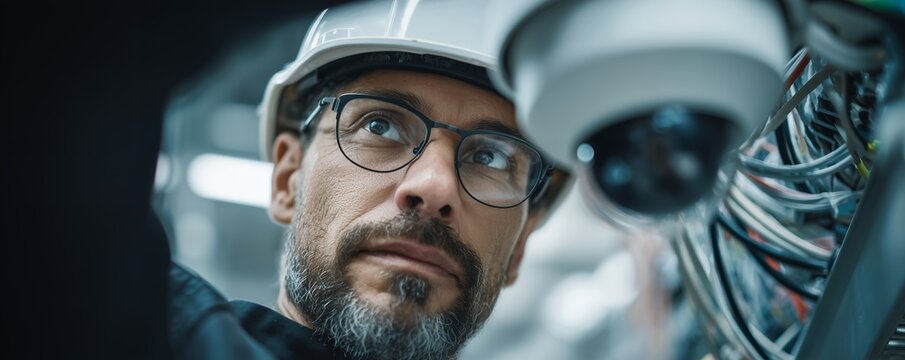 Close-up of technician with glasses and hard hat inspecting security camera wiring in server room, concept for surveillance installation, building safety and network security