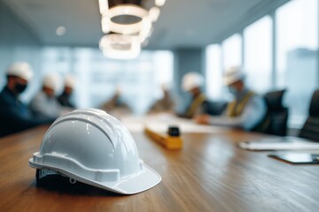 White safety helmet foreground on meeting table, blurred group of engineers in the background. Concept for construction planning, architectural project and building industry conference