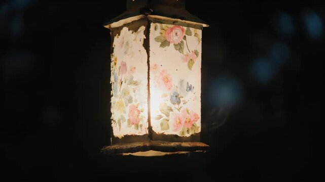 A glowing lantern with floral design in a dark, moody setting