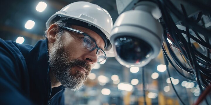 Close-up shot of a serious man with a beard wearing hardhat checking CCTV camera, concept for surveillance technology, security systems and industrial safety