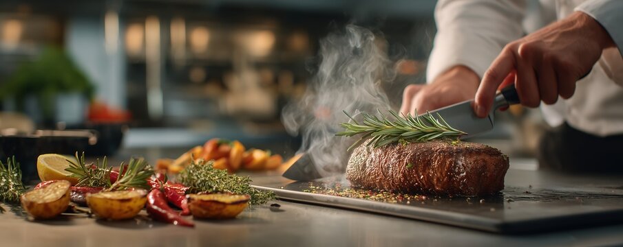 Chef cuts a juicy, steaming steak garnished with rosemary, alongside roasted potatoes and peppers, all expertly plated. Concept for culinary arts presentation, restaurant advertising, food photography