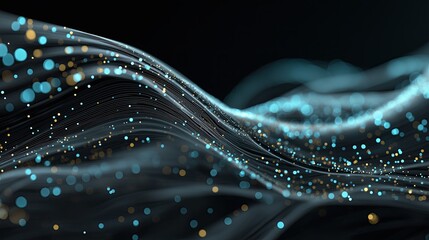 Abstract dark wave of flowing lines and glowing bokeh particles in cyan and gold, representing digital technology, big data stream, and a futuristic network.