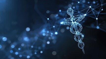 Futuristic digital caduceus symbolizing medical technology, healthcare innovation, and global connection in a glowing blue network background.