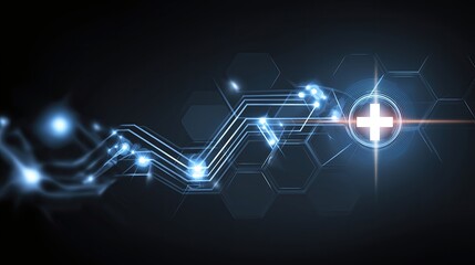 Futuristic digital health concept with glowing blue cross, hexagonal network, and technology lines symbolizing innovation in modern healthcare.