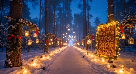 Snowy path illuminated by candles leads through a winter forest towards a sign wishing a happy new year 2026, creating a magical and festive atmosphere.