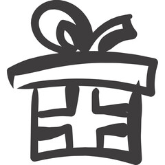 A Hand Drawn Black and White Icon of a Christmas Gift Box with a Bow on a Transparent Background Representing Holiday Celebration and Giving