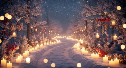 Snowy path glows with candlelight through winter forest, creating a magical and festive atmosphere for the holiday season.