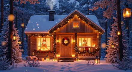 Cozy cabin glows warmly amidst snowy forest during winter night, radiating holiday cheer and inviting atmosphere.