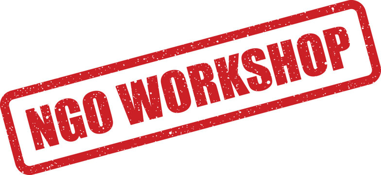 Distressed red rubber stamp illustration presenting NGO WORKSHOP for collaborative learning or practical sessions