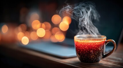 Obraz premium A Cozy Cup of Steaming Coffee Against a Background of Soft Bokeh Lights, Inviting Warmth and Comfort in a Serene Atmosphere