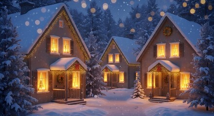 Cozy houses glow warmly amidst snowcovered trees during a peaceful winter night, creating a festive and inviting atmosphere, perfect for the holidays.