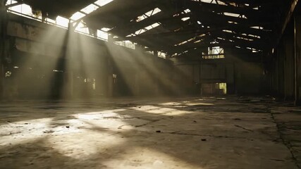 Light rays shine into a dilapidated, old industrial warehouse - Powered by Adobe