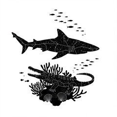 Fototapeta premium Shark and Crocodile Silhouette with Underwater Coral and Fish – Dual Sea Predator Vector Illustration