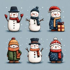 Cheerful winter characters celebrate the snow season with snowmen and festive attire in a snowy background