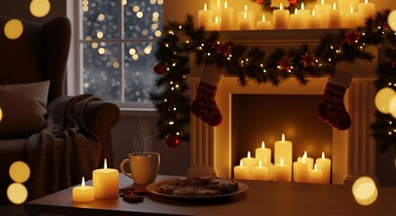 Candles illuminate cozy living room with christmas decorations, creating warm and inviting atmosphere during winter holiday season.