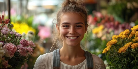 Bright smile in a vibrant flower shop filled with colorful blooms and fresh greenery