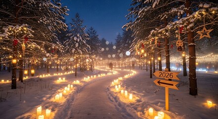 Snowy path illuminated by candles winds through a forest at night, creating a magical and festive winter wonderland scene.