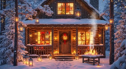 Cozy cabin glows warmly amidst snowcovered forest during christmas season, creating a festive and inviting winter wonderland scene.