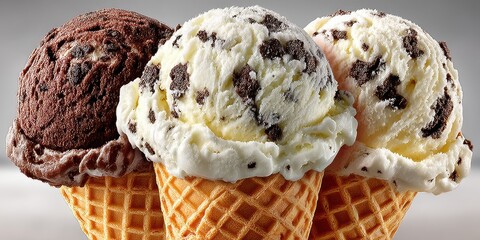 Enjoying three delicious ice cream scoops in waffle cones at a sunny outdoor location during summer