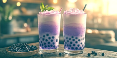 Delightful refreshing drinks with layers of and textures served in a cozy cafe setting