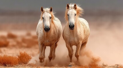 Majestic horses galloping through desert landscape on a sunny afternoon