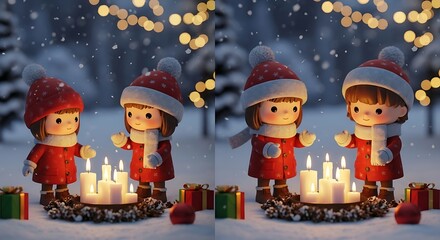 Cute children in red coats light candles in snowy winter wonderland, creating warm and festive atmosphere for Christmas celebration.