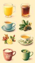 Variety of herbal teas and juices arranged aesthetically in unique cups on simple background