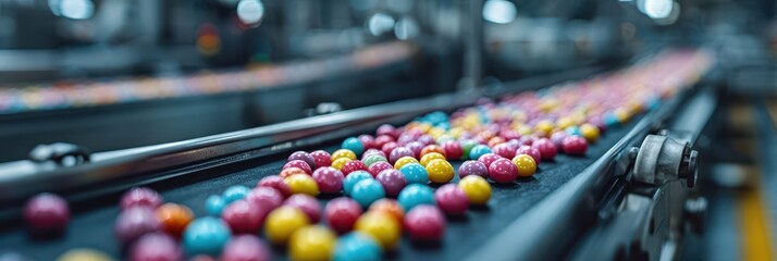 Colorful candy balls moving along a conveyor belt in a factory during production
