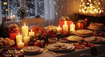 Festive holiday table laden with gifts, candles, and pies creates a warm and inviting atmosphere for a christmas celebration filled with joy and togetherness.
